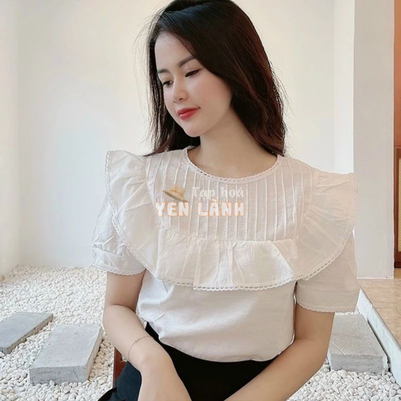 Áo Sơ Mi Nữ Kiểu Chất Đũi Ngắn Tay Cổ Tròn Bèo Ren – 6 Màu Xanh Đen Vàng Nâu Be Trắng – Hanlly Fashion Thời Trang – A14