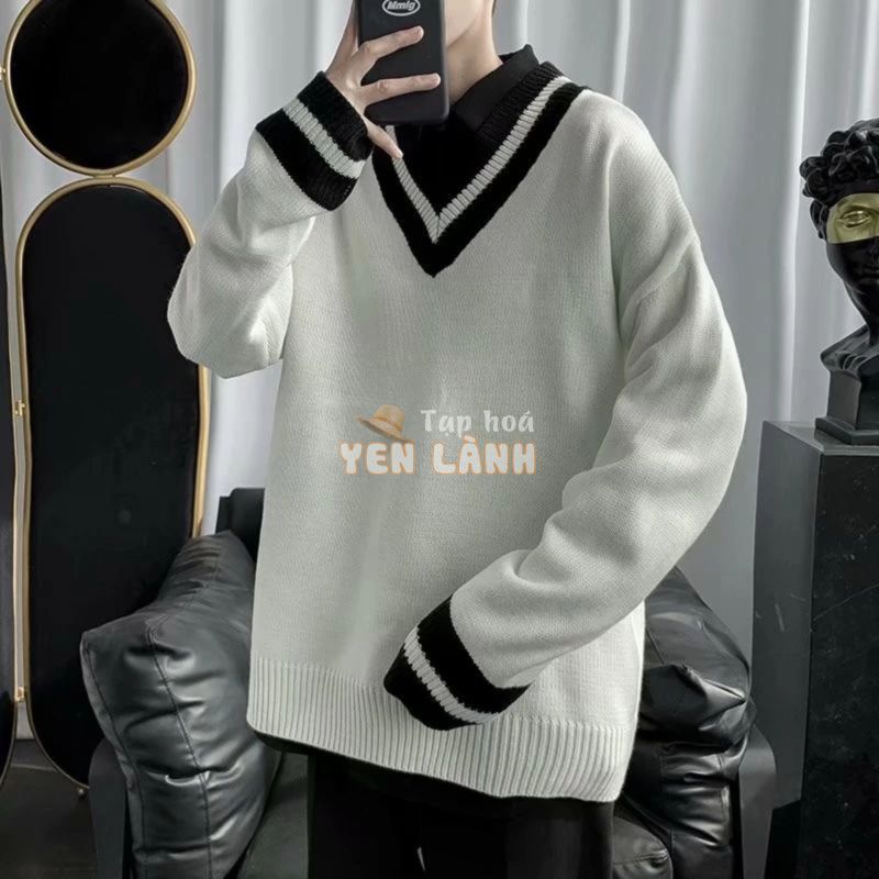 Áo  len cổ chữ v phong cách hàn quốc cho nam áo sweater fashion from rộng màu đặc v cổ áo áo cardigan simple trắng splice trang chủ