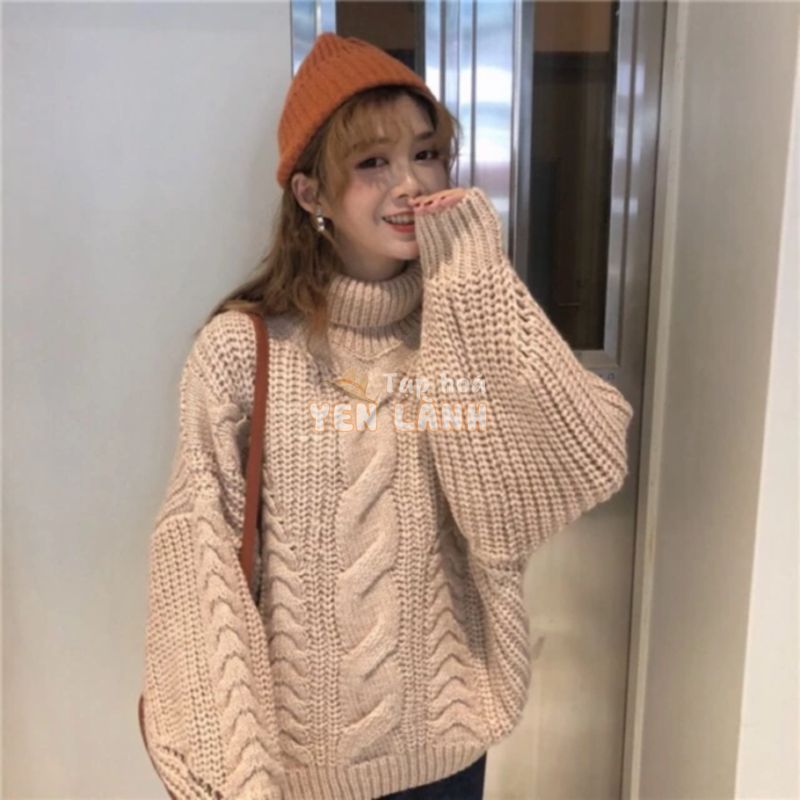 áo len ulzzang cao cổ dày áo len thừng cổ lọ gấp áo len nữ đẹp dáng rộng tay dài be nâu kiểu hàn quốc