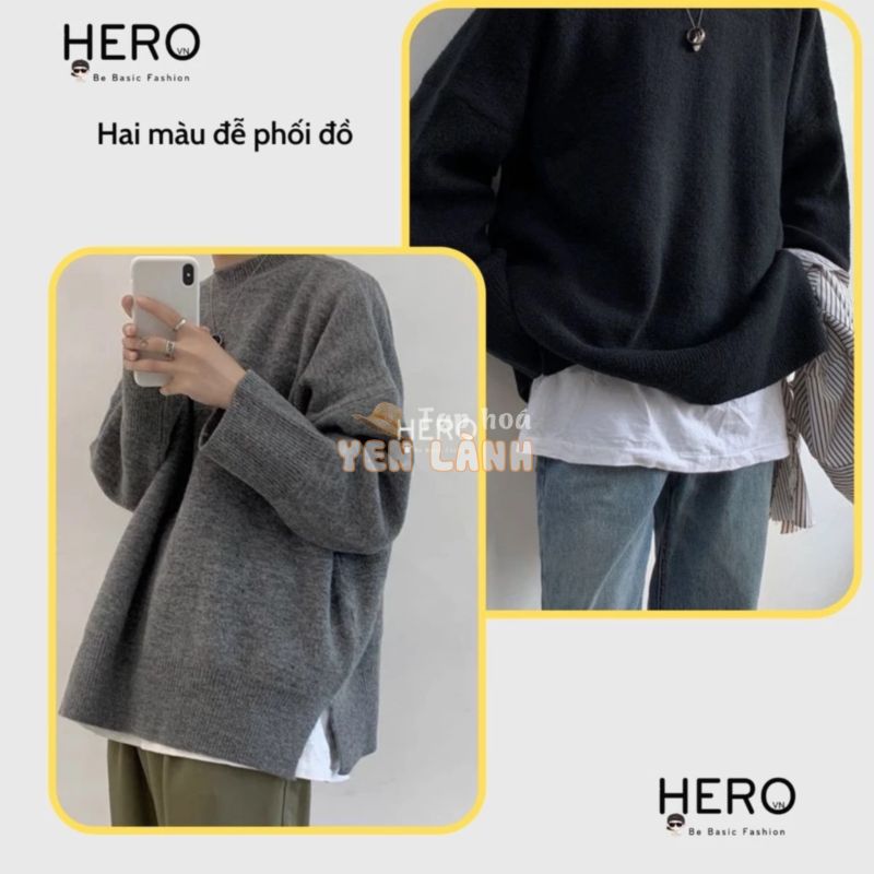 Áo len unisex cổ tròn form rộng AL20 xẻ tà Mrhero phong cách Hàn Quốc mùa thu đông 2021 M.RO