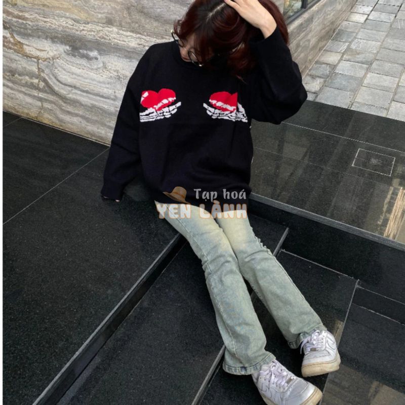 Áo sweater len unisex hoạ tiết Skeleton Heart dáng xuông, sweater thêu hình bộ xương trái tim unisex phong cách boy phố