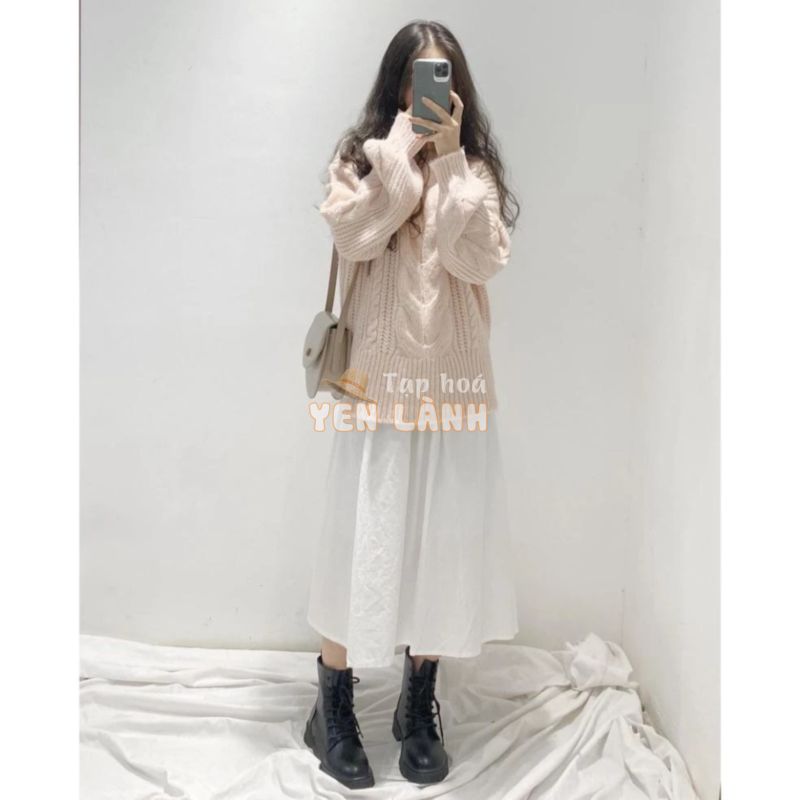 ( minlo Drop) (FREESHIP) Áo len hồng nhạt chân váy trắng Ulzzang new