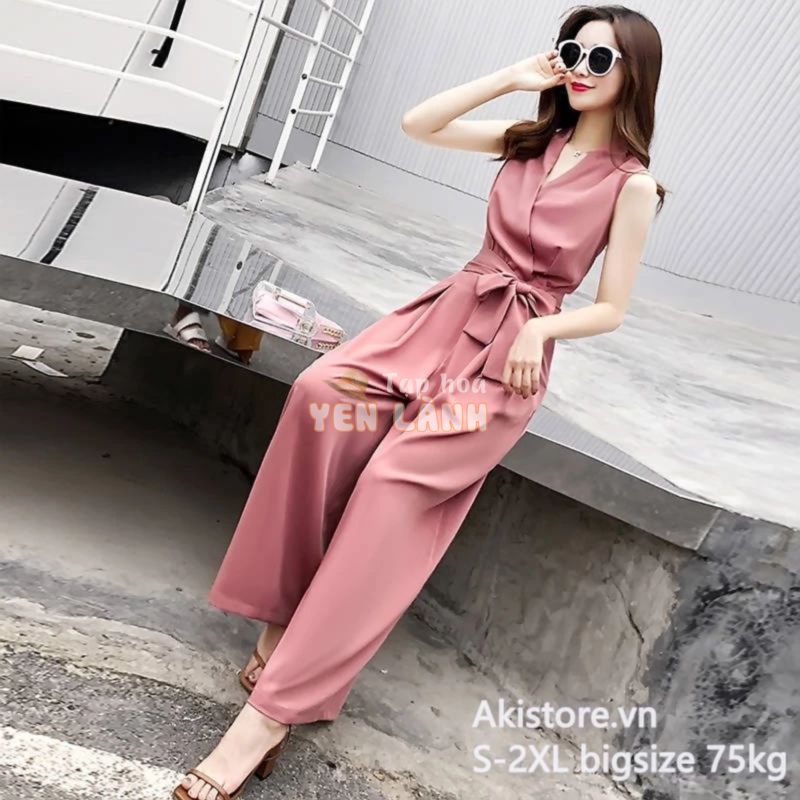 Áo liền quần ống rộng jumpsuit nữ cổ chữ V phong cách Hàn Quốc thời trang mùa hè 2021