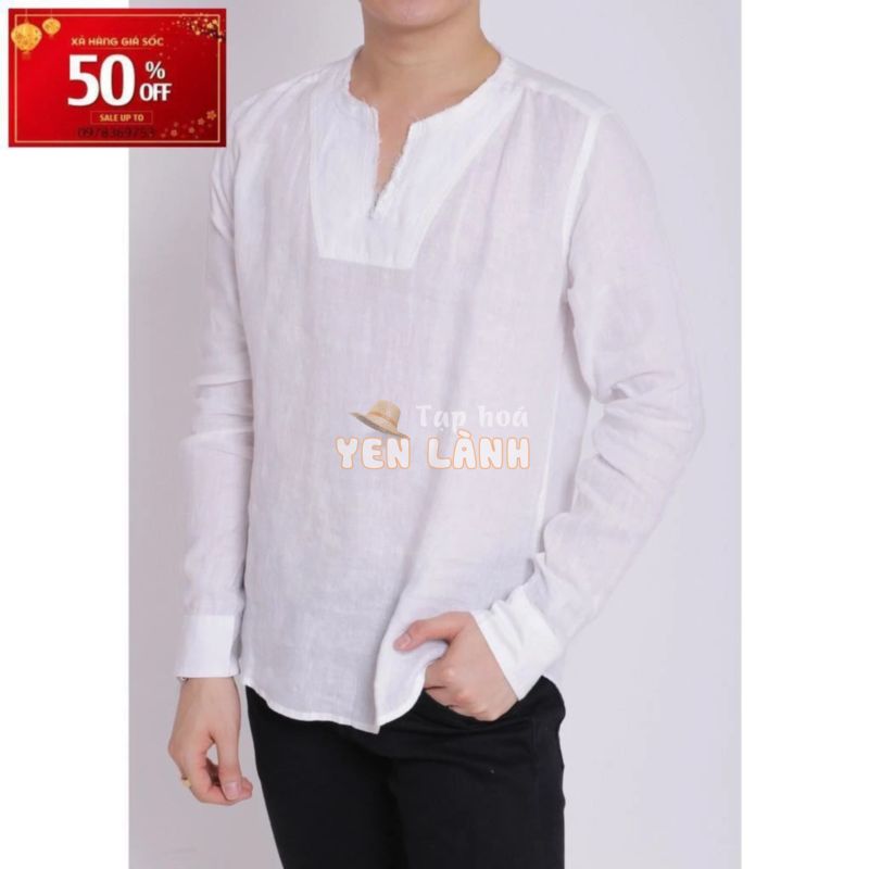 Áo sơ mi nam linen cao cấp dài tay cổ tua tròn boypro SBM006 (màu trắng)