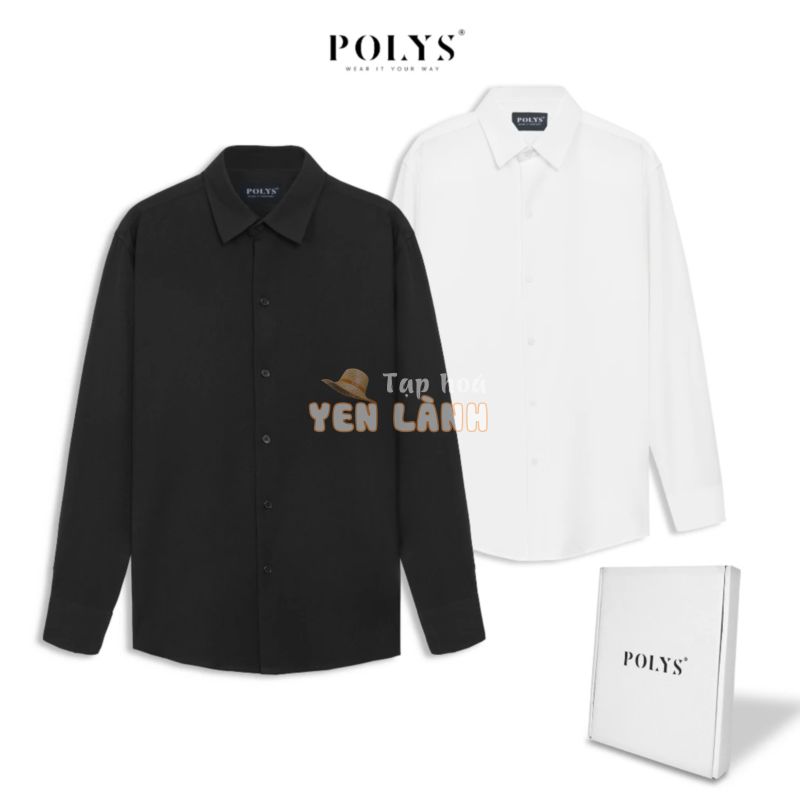 Áo sơ mi nam tay dài Trắng Đen POLYS Fullbox, Vải Chéo Thái dày dặn, co giãn, thoáng khí LONG SLEEVE