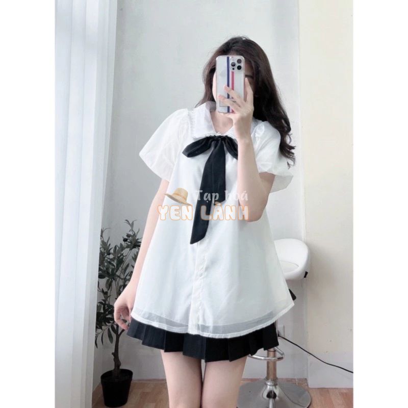 [A4] Áo babydoll nơ đen tay bồng voan 2 lớp DORITA BOUTIQUE