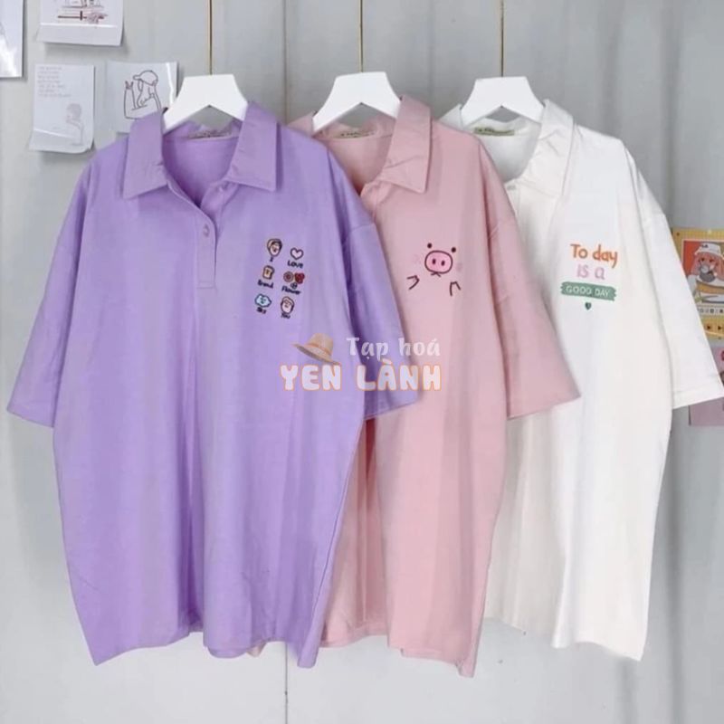 Áo thun POLO nữ tay lỡ có cổ phông form rộng freesize unisex mặc đi học, cặp, nhóm, lớp in hình DỄ THƯƠNG ་