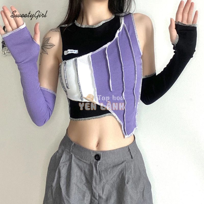 Musmona Áo Croptop Tay Dài Cổ Tròn Ghép Nối Lệch Tà Phối Màu Đối Xứng Thời Trang Cho Nữ