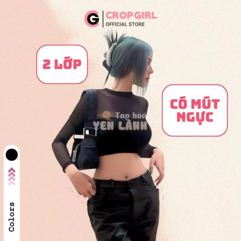 Áo lưới croptop dài tay CROPGIRL có mút ngực dáng áo croptop ôm body siêu tôn dáng chất vải lưới mềm mại co giãn ADT33