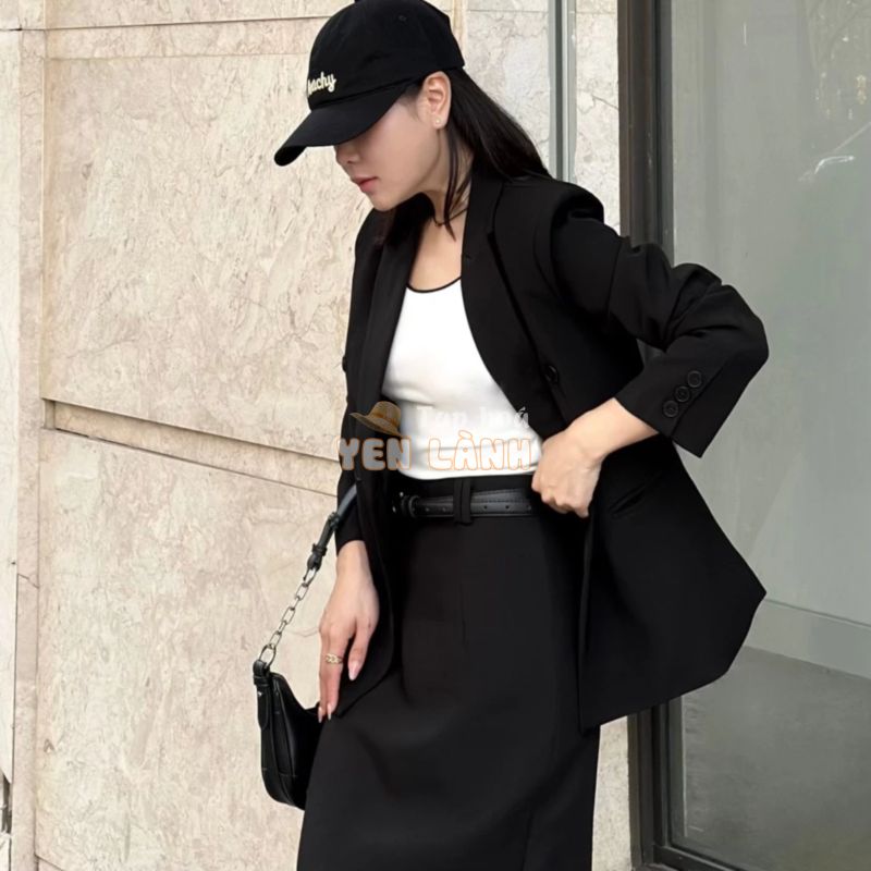 [Chiết eo] – Áo blazer nữ áo vest dài tay màu đen