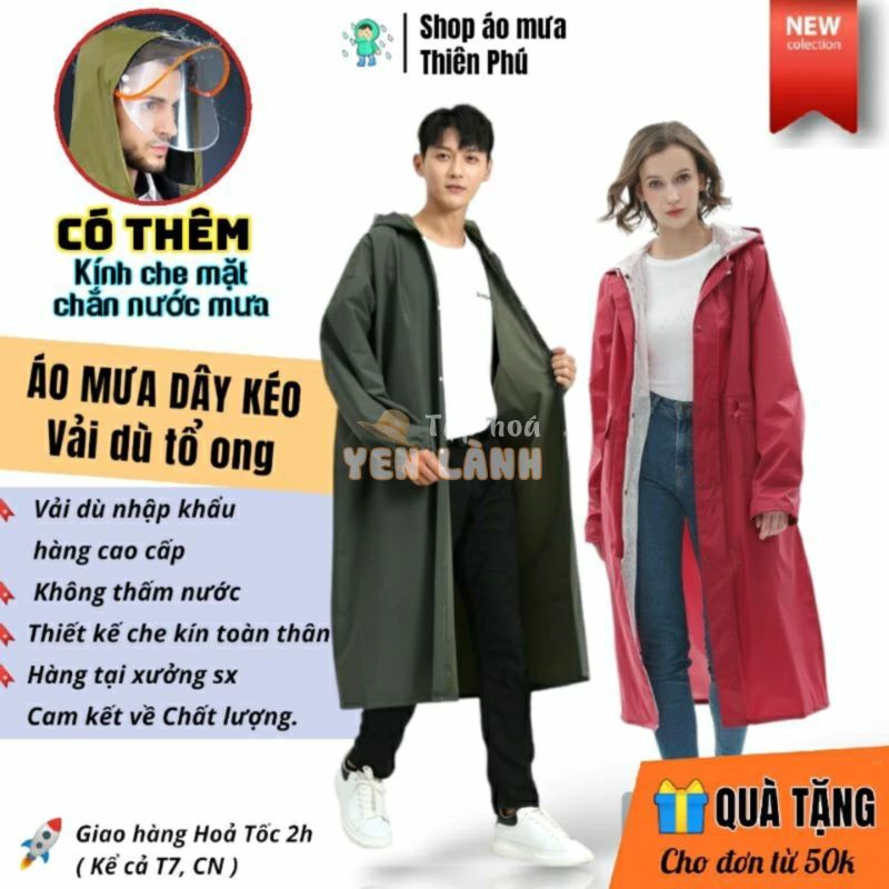 Áo mưa 1 người dây kéo khoá dáng dài kiểu măng tô to nam nữ, Vải dù Cao Cấp một đầu, Có kính chắn nước che mặt,Thiên Phú