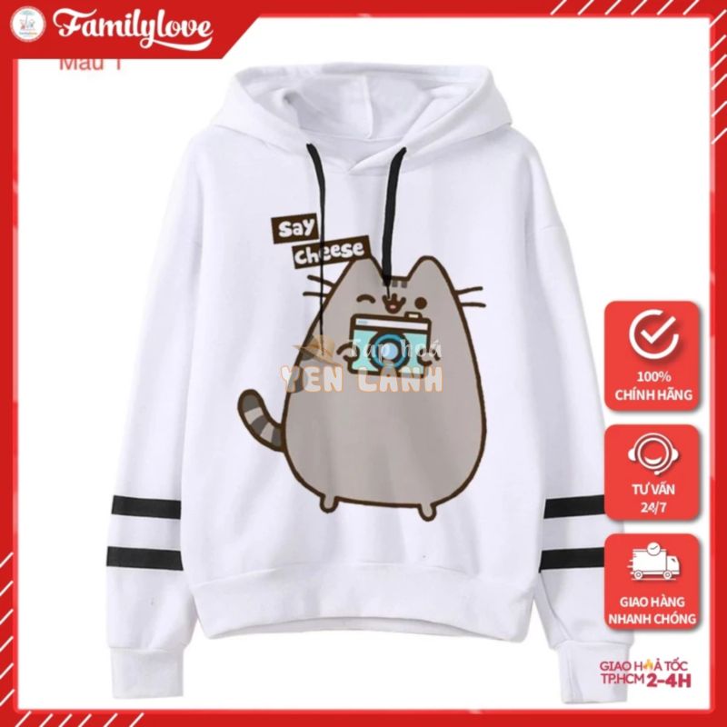 Áo sweater nỉ nữ Familylove – Áo Item chú mèo Da Cá Cotton 100% Cao Cấp 6 mẫu dễ thương – Phối 2 sọc đen Tay