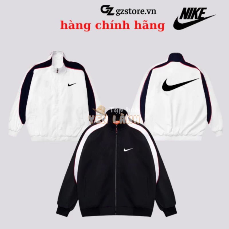 Áo khoác Nike chính hãng màu trắng đen vải dù 2 lớp cổ đứng Nike cao cấp form rộng unisex nam nữ áo khoác gió chuẩn form