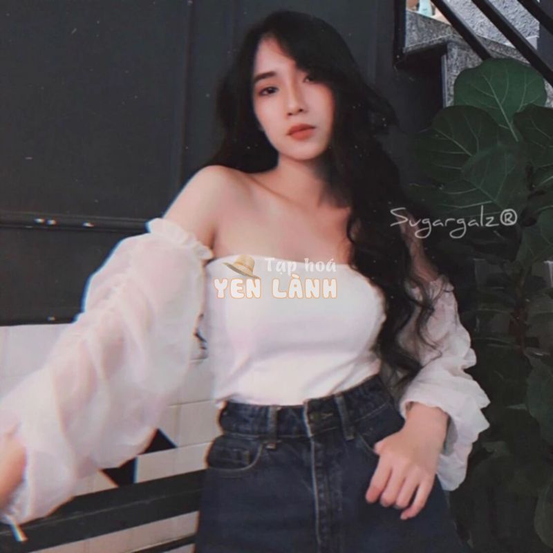 [Ảnh thật khách mặc] Áo croptop quây trễ vai tay voan trong – by SugarG