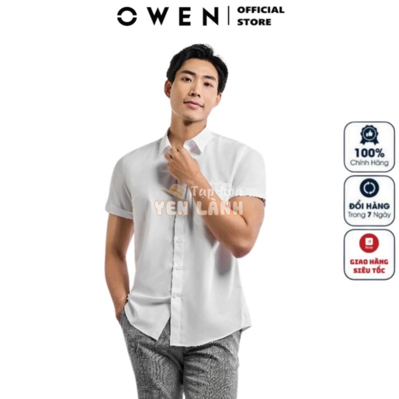 Áo Sơ Mi Trắng Nam Tay Ngắn Owen AR230328NT Somi Công Sở Cao Cấp Màu Trắng Trơn Vải Sợi Sồi Dáng Suông Tà Lượn Có Túi