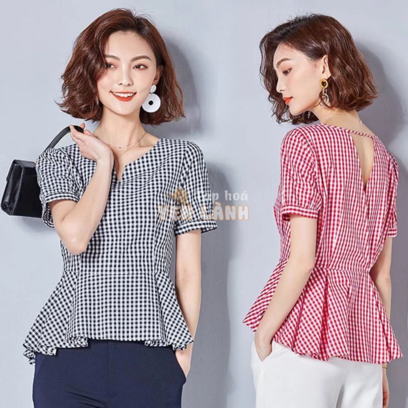 Áo kẻ peplum xẻ V lưng cho người béo mập