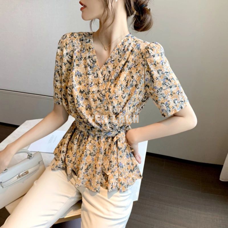 Áo Peplum Ngắn Tay Cổ Chữ V In Hoa Thời Trang