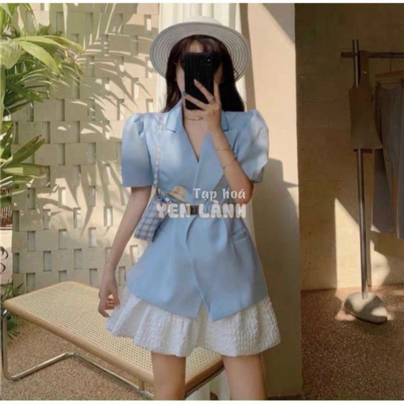 Set áo peplum xanh cổ vest phối chân váy trắng (kèm belt)