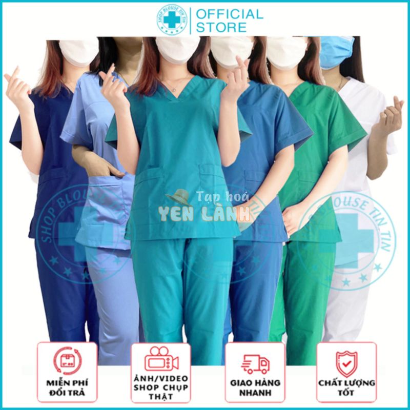 Bộ Scrubs Bác sĩ, quần áo Blouse cổ tim, đồng phục Spa, Thẩm mỹ viện, Điều dưỡng, Phòng mổ, Nha Khoa chất phổ thông đẹp