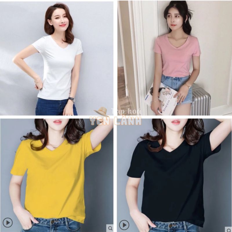 Áo phông basic cổ tim trơn nhiều màu chất đẹp giá rẻ – Áo phông nữ áo thun nữ cotton giấy