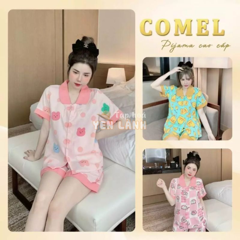 Bộ pijama lụa mango, bộ đồ ngủ nữ áo cổ sen quần đùi mặc nhà dễ thương Freesize 35-58kg- COMEL