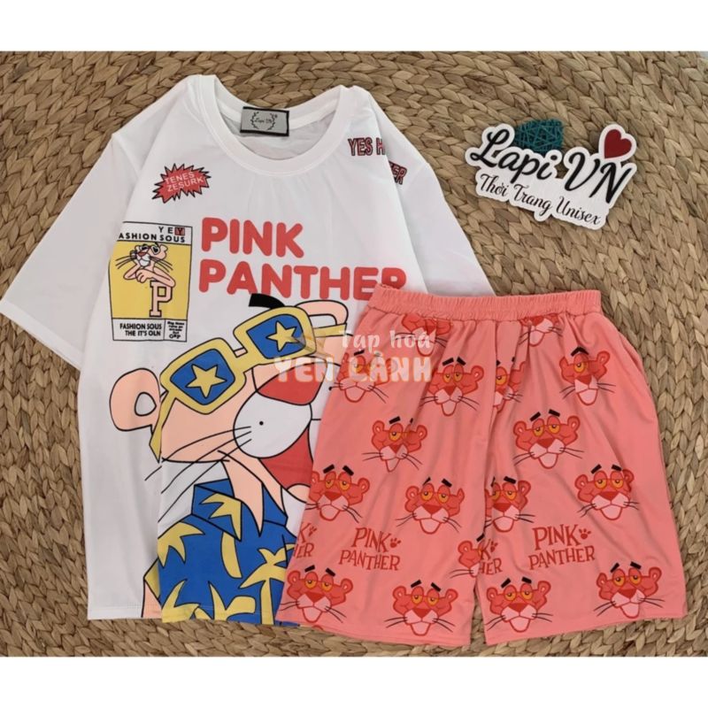 Set Đồ Bộ In Hình Chú Báo Hồng- the pink panther cartoon 3D Cute DB45-Lapi VN Áo+ Quần Đùi Vải Thun Cotton Thoáng Mát