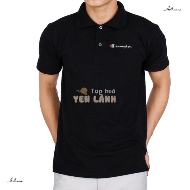 Áo thun nam ( Cổ trụ Polo ) màu đen thêu logo Champion – Vải Cá sấu cao cấp