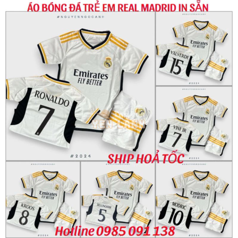 Bộ quần áo bóng đá Trẻ Em CLB Real Madrid In Sẵn tên cầu thủ mẫu chính thức_ Hàng cao cấp Thailand