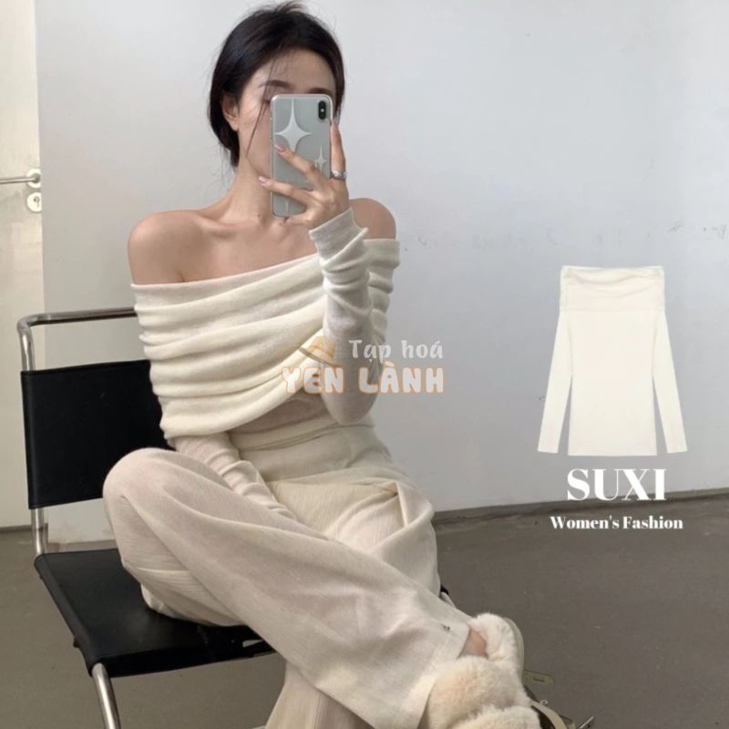 Suxi Mùa Xuân Mới Màu Trơn Một Dây Đeo Vai Dệt Kim Nữ Slim Fit Áo Len Dài Tay