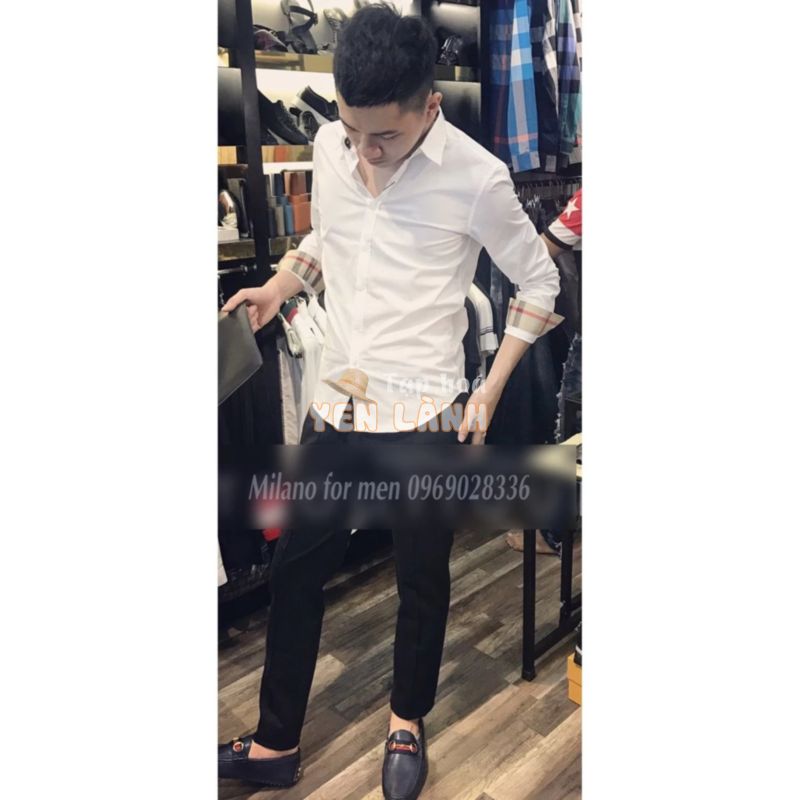 Áo sơ mi Burberry nam chính hãng màu trắng check cổ, check tay, dài tay