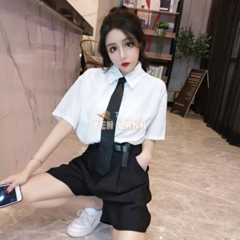 Set áo sơ mi cà vạt quần đùi ulzzang