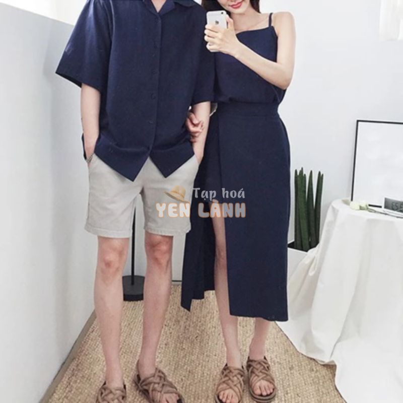 Áo đôi nam nữ – Set áo váy sơ mi cặp couple màu đỏ, màu xanh đen Hàn Quốc couple AV80 (có ảnh thật)