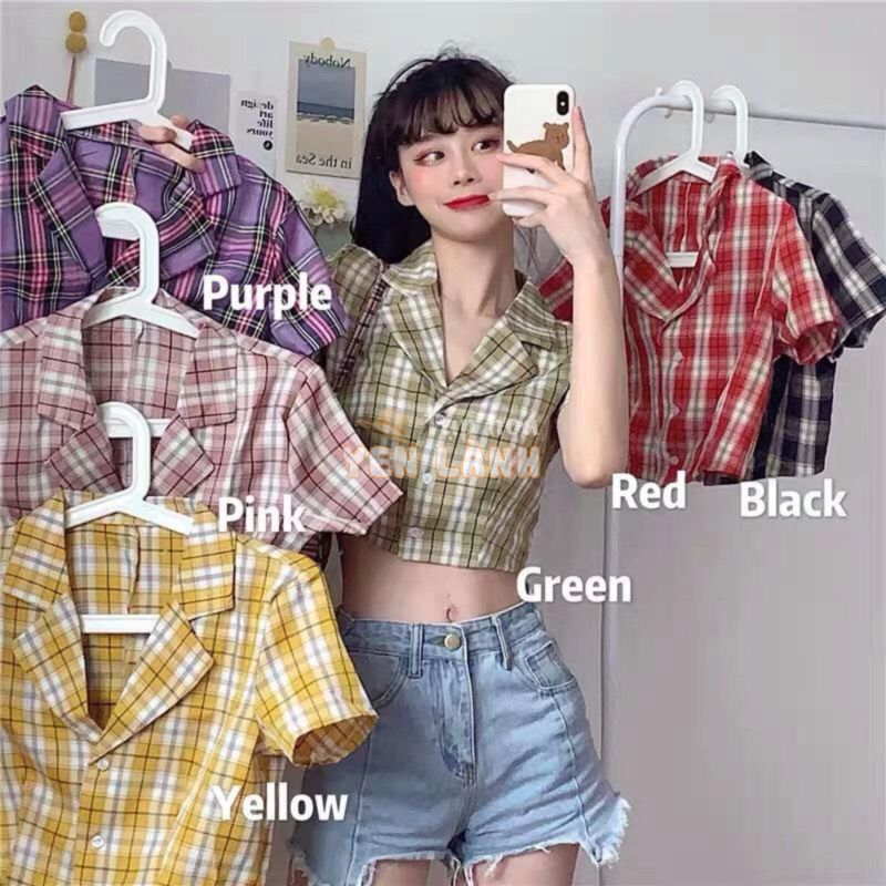 Sale –  ÁO SƠ MI CROPTOP TAY NGẮN KẺ SỌC CARO THỜI TRANG CHO NỮ – CROPTOP CARO KẺ TÍM ĐEN ĐỎ HỒNG VÀNG XANH