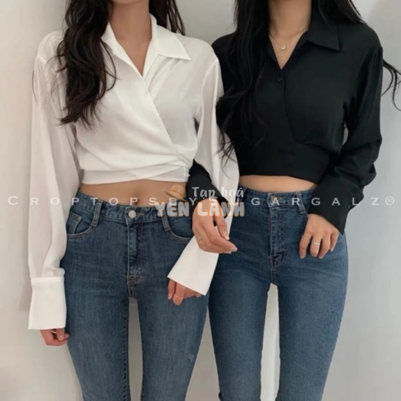 Áo croptop sơ mi vạt chéo thắt lưng eo tay dài – by SugarG