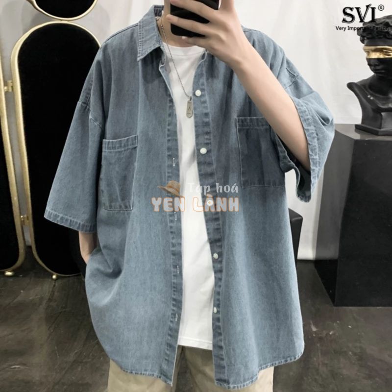 Áo Sơ Mi Denim Tay Ngắn Thời Trang Hè Phong Cách Hàn Quốc Nam Tính