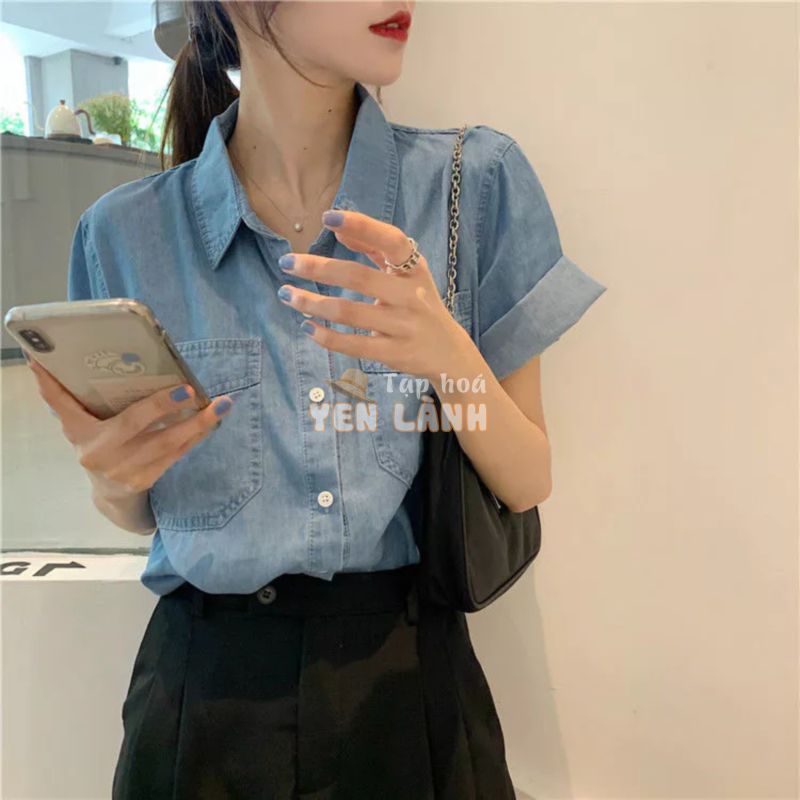 Áo Sơ Mi Denim Tay Ngắn Thời Trang Dành Cho Nữ