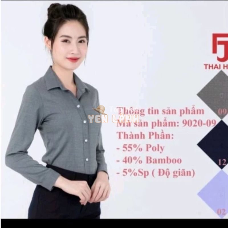 Vải sợi tre. Áo sơ mi nữ Thái Hòa mã 9021 và 663 màu xám, đen vải sợi tre và gỗ sồi co giãn