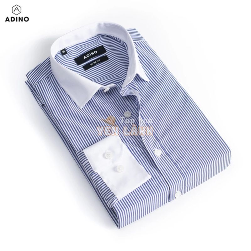 Áo sơ mi nam kẻ sọc màu xanh biển phối cổ trắng ADINO vải sợi sồi modal polyester mềm mịn dáng công sở slim hơi ôm SM11