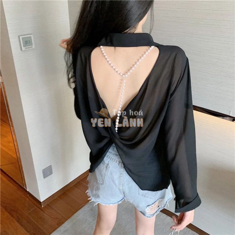 Áo Sơ Mi Chiffon Tay Dài Hở Lưng Đính Ngọc Trai Thời Trang Mùa Hè Dành Cho Nữ