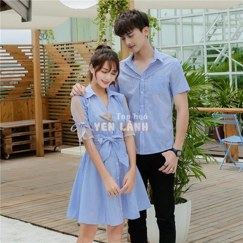 Áo đôi Set áo váy đôi sơ mi nam nữ chụp cưới đi biển màu xanh HQCOUPLE AV14 (có ảnh thật)