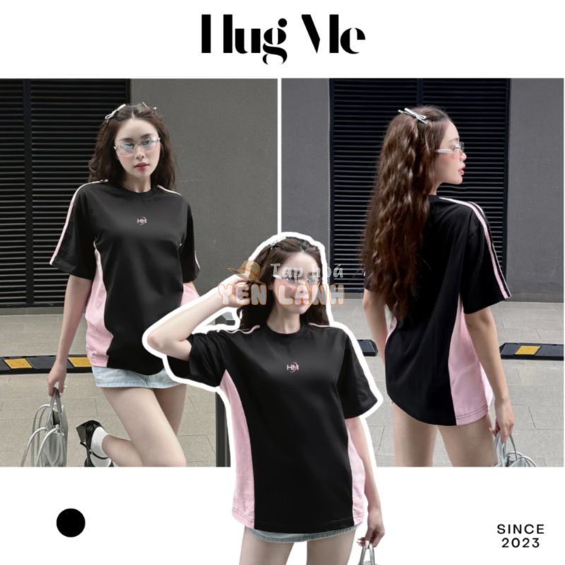 Áo Thun Form Rộng Tay Lỡ Unisex Sọc Vai Phong Cách Street Style, Áo Thun Basic Phối Hồng Logo HUG ME