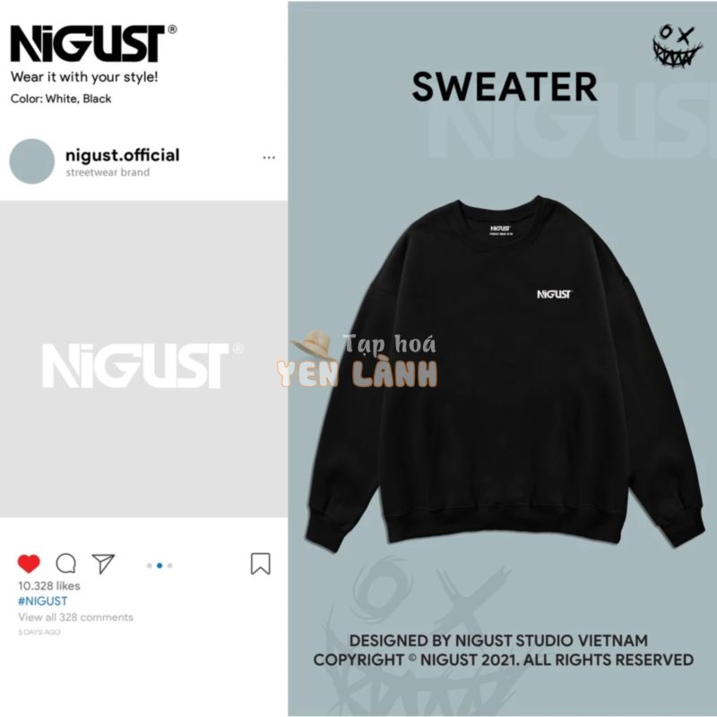 Áo sweater nam nữ local brand Basic NIGUST N001 chất liệu nỉ da cá form rộng màu đen trắng Fullbox