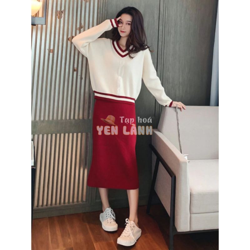 Knitted Suit 2023 Autumn Winter New Style Color Matching V-Neck Long-Sleeved Pullover Sweater Jacket with Skirt Temperament Two @