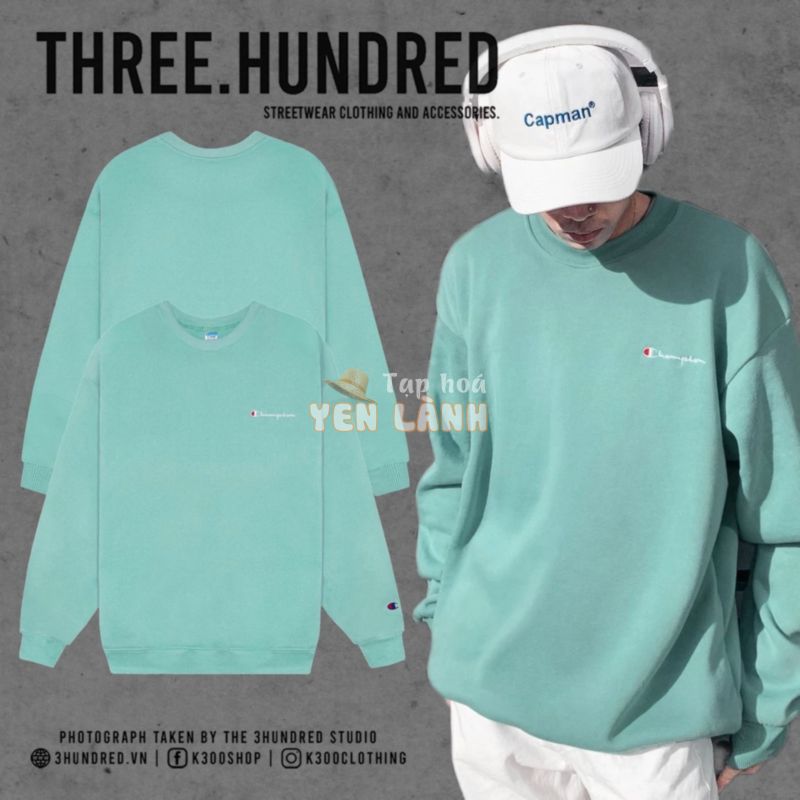 Áo Tay Dài Sweater Champion Chữ Thêu Sắc Nét Có Chất Liệu NỈ Bông Cotton Màu Xanh