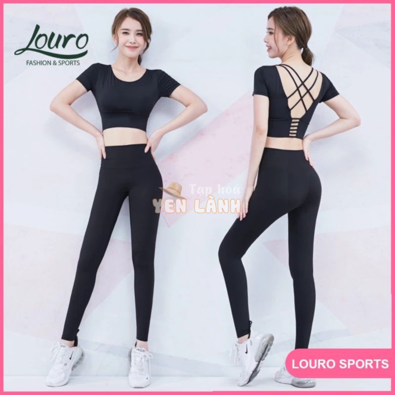 Quần áo tập yoga Louro SE42, kiểu bộ đồ tập yoga nữ gồm quần tập trơn dài và áo croptop đan dây, co giãn 4 chiều