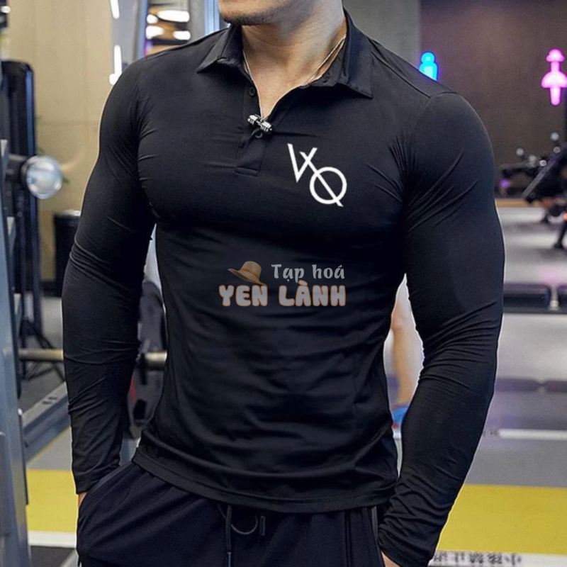 Áo tập gym nam dài tay VQ, Áo gym nam thun cotton, Có Cổ, Cổ cao, ôm body