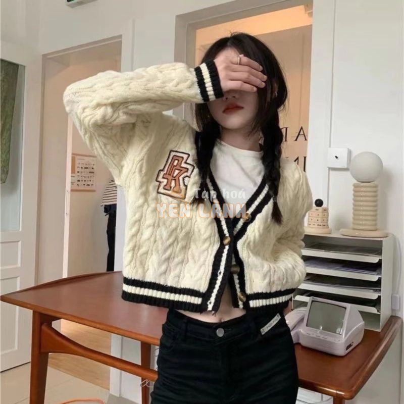 Áo Khoác Len Nữ Cardigan Thêu Chữ Phối Viền