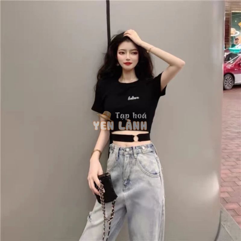 (ẢNH THẬT) Áo phông croptop đai ngang bụng ULZZANG