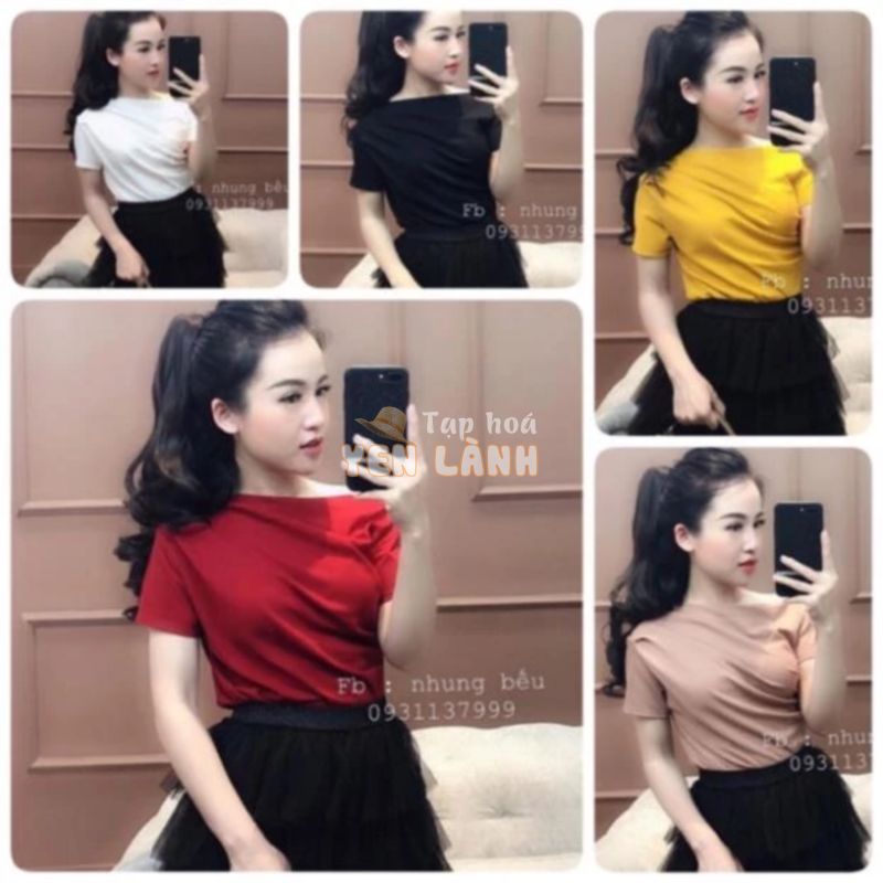 Áo thun lệch vai ngắn tay siêu xinh, Áo kiểu vai lệch tay cộc vải cotton co giãn CS0101 – NhiNhi Shop *