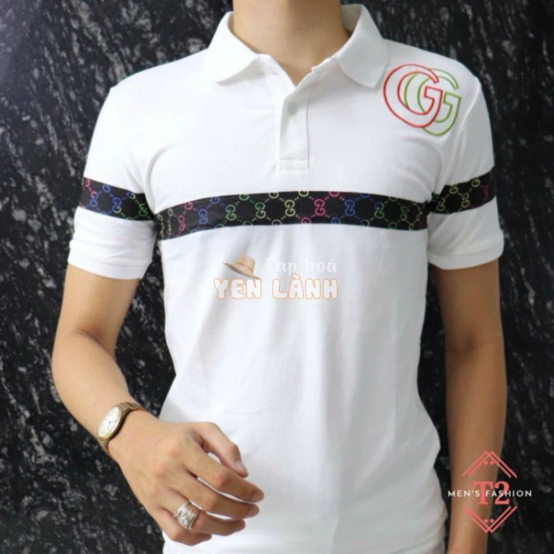 Áo Thun Nam Tay Ngắn Polo AT31 Có Cổ Chữ GG Đen Trắng, Chất Coton Xịn